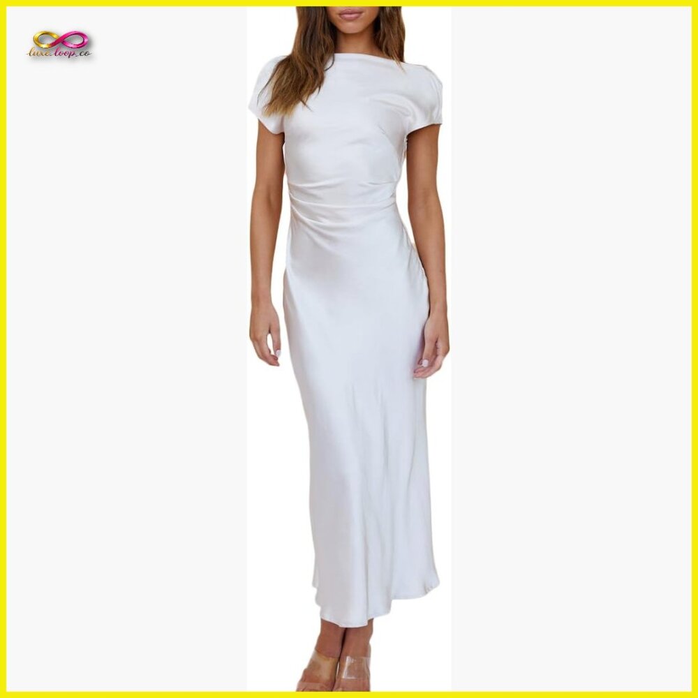 Satin Midi Dress Elegant Cowl Back Ruched Waist Formal Evening Party Wear